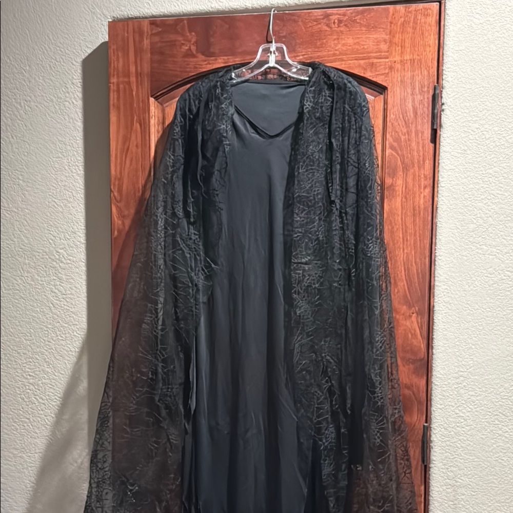 New Witch Costume dress w/ spider hooded web cape + hat & feather mask